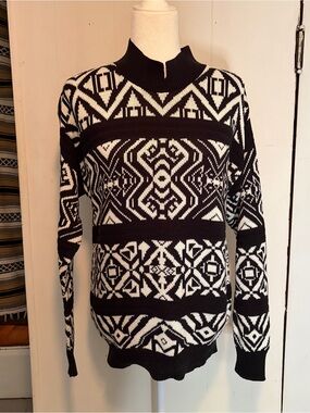 Vintage Southern Lady black and white geometric patterned mock neck sweater